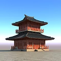 Ancient Chinese Architecture With Two Story Red Wooden Structure Overhanging Eaves And Black Tiles
