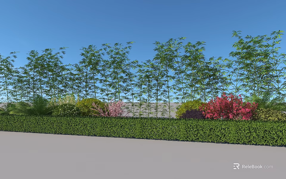 Lush Shrubs Against Clear Blue Sky With Well Trimmed Hedge And Pink Red Flowering Bushes 3d model 