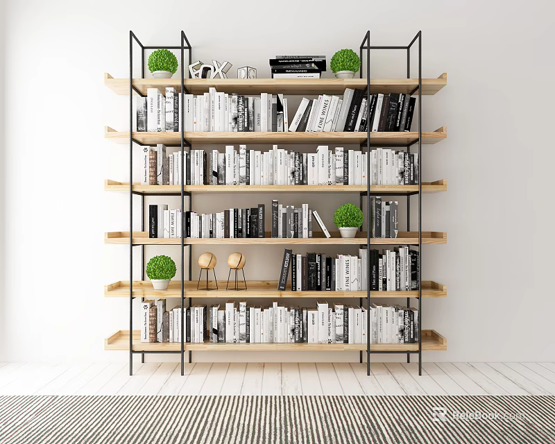 Modern Minimalist Bookshelf Interior Design With Black Metal Frame Wooden Shelves Books And Green Plants 3d model 