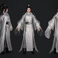 Man In Ancient White Traditional Robe With Black Belt Traditional Hairstyle Front Side Back Views