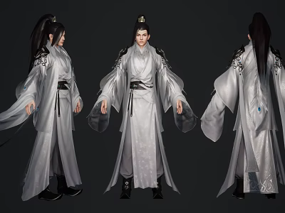 Man In Ancient White Traditional Robe With Black Belt Traditional Hairstyle Front Side Back Views 3d model