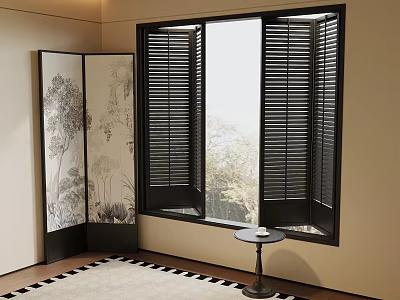 Interior Corner With Black Shutters Window And Black White Patterned Screen Rug Small Round Table 3d model