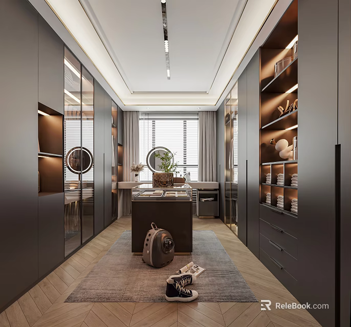 Modern Walk-in Closet Interior with Dark Glass Cabinets Built-in Lighting and Storage Shelves 3d model 