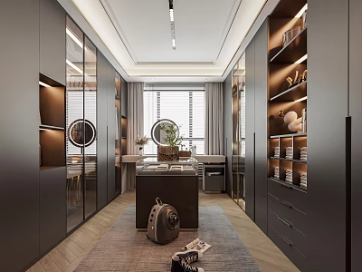 Modern Walk-in Closet Interior with Dark Glass Cabinets Built-in Lighting and Storage Shelves 3d model