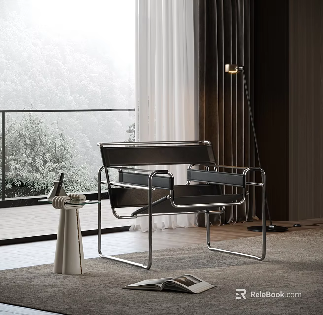 Modern Minimalist Leisure Chair By Large Window With Natural View And Floor Lamp 3d model 