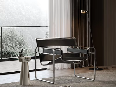 Modern Minimalist Leisure Chair By Large Window With Natural View And Floor Lamp 3d model