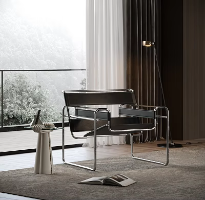 Modern Minimalist Leisure Chair By Large Window With Natural View And Floor Lamp 3d model