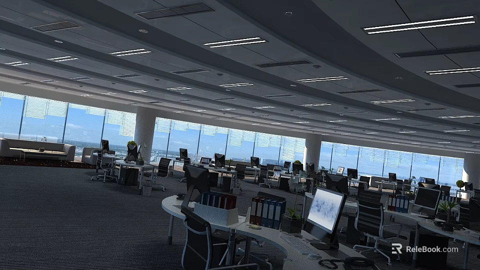Spacious Public Office Space With Multiple Workstations Computers And Large Windows For Natural Light 3d model 