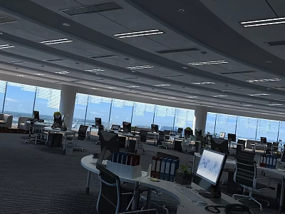 Spacious Public Office Space With Multiple Workstations Computers And Large Windows For Natural Light 3d model