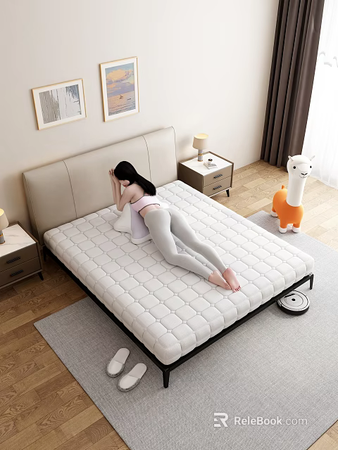 Cozy Double Bed With Quilted Mattress Nightstand Lamp And Wall Art In Bedroom 3d model 