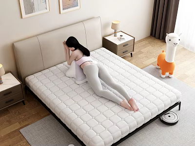 Cozy Double Bed With Quilted Mattress Nightstand Lamp And Wall Art In Bedroom 3d model