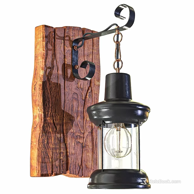 Industrial Wall Lamp With Black Metal Frame Glass Shade And Exposed Bulb On Wooden Plank 3d model 