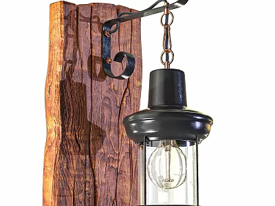 Industrial Wall Lamp With Black Metal Frame Glass Shade And Exposed Bulb On Wooden Plank 3d model