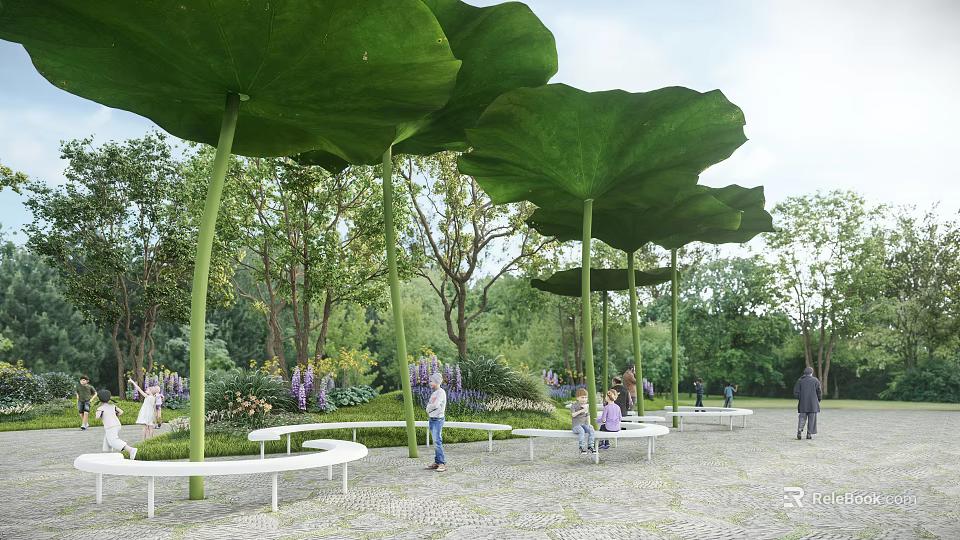 Garden Landscape With Giant Green Lotus Leaf Structures And White Benches Among Trees 3d model 