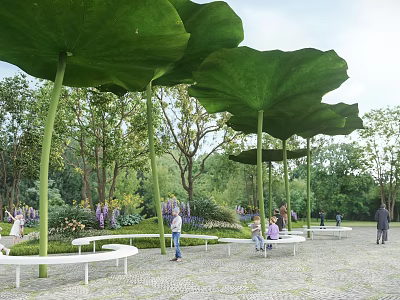 Garden Landscape With Giant Green Lotus Leaf Structures And White Benches Among Trees 3d model