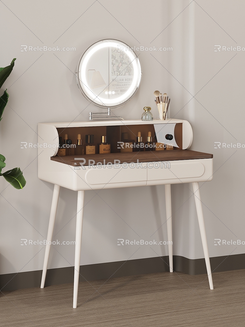 Cream Style Makeup Table Dressing Table Makeup Mirror Cosmetic Green Plant Bedroom Makeup Table Metal Feet Cream White Rotating Makeup Mirror Smart Lamp Makeup Mirror Walnut 3d model