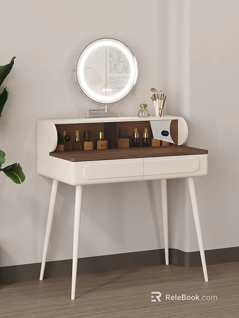 Modern White Dressing Table With Wooden Top Round Illuminated Mirror Cosmetic Bottles And Brushes 3d model 