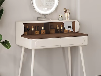 Modern White Dressing Table With Wooden Top Round Illuminated Mirror Cosmetic Bottles And Brushes 3d model