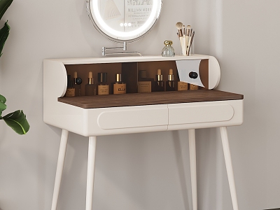 Cream Style Makeup Table Dressing Table Makeup Mirror Cosmetic Green Plant Bedroom Makeup Table Metal Feet Cream White Rotating Makeup Mirror Smart Lamp Makeup Mirror Walnut 3d model