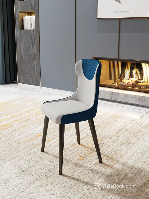 Modern Blue And White Upholstered Single Chair With Diamond Stitched Backrest And Fireplace Flames 3d model 