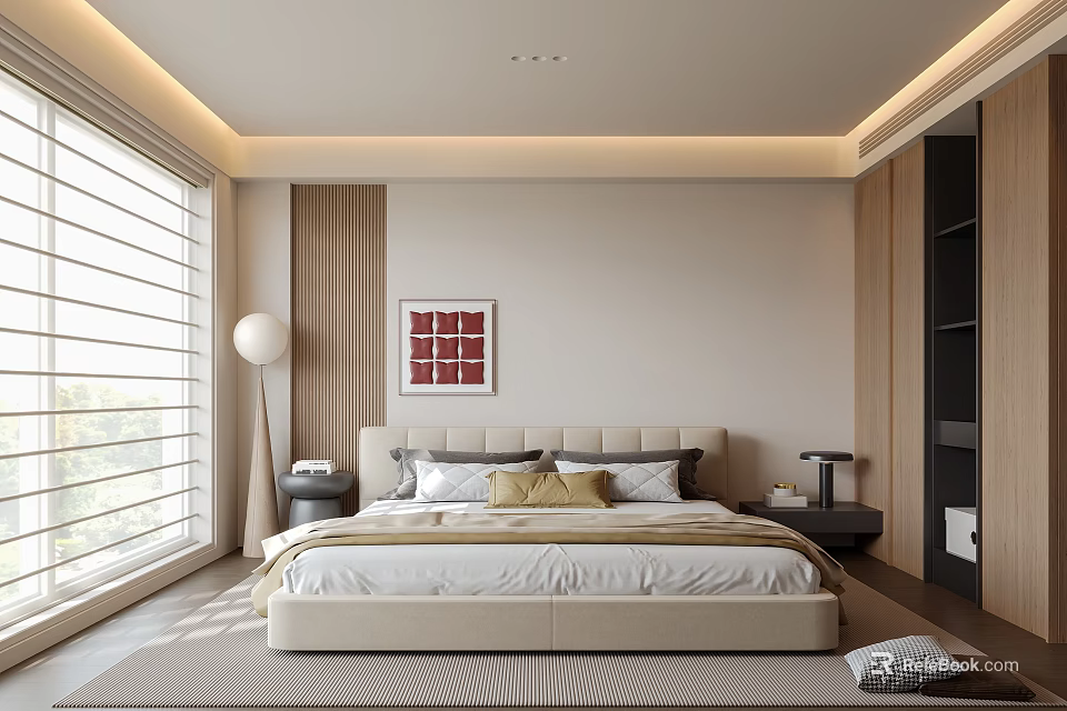 Modern Bedroom Interior Featuring King Size Bed Decorative Pillows Nightstand Floor Lamp And Abstract Artwork 3d model 