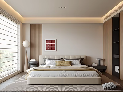 Modern Bedroom Interior Featuring King Size Bed Decorative Pillows Nightstand Floor Lamp And Abstract Artwork 3d model