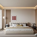 Modern Bedroom Interior Featuring King Size Bed Decorative Pillows Nightstand Floor Lamp And Abstract Artwork