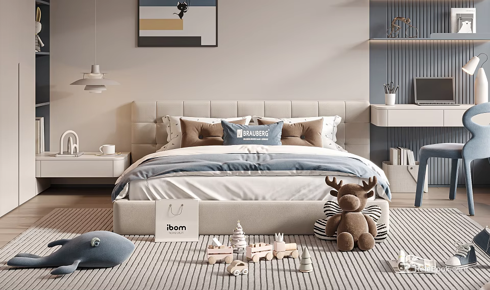 Modern Bedroom Interior With Comfortable Double Bed Upholstered Headboard Pillows And Kids Toys On Rug 3d model 