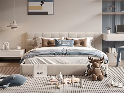 Modern Bedroom Interior With Comfortable Double Bed Upholstered Headboard Pillows And Kids Toys On Rug 3d model