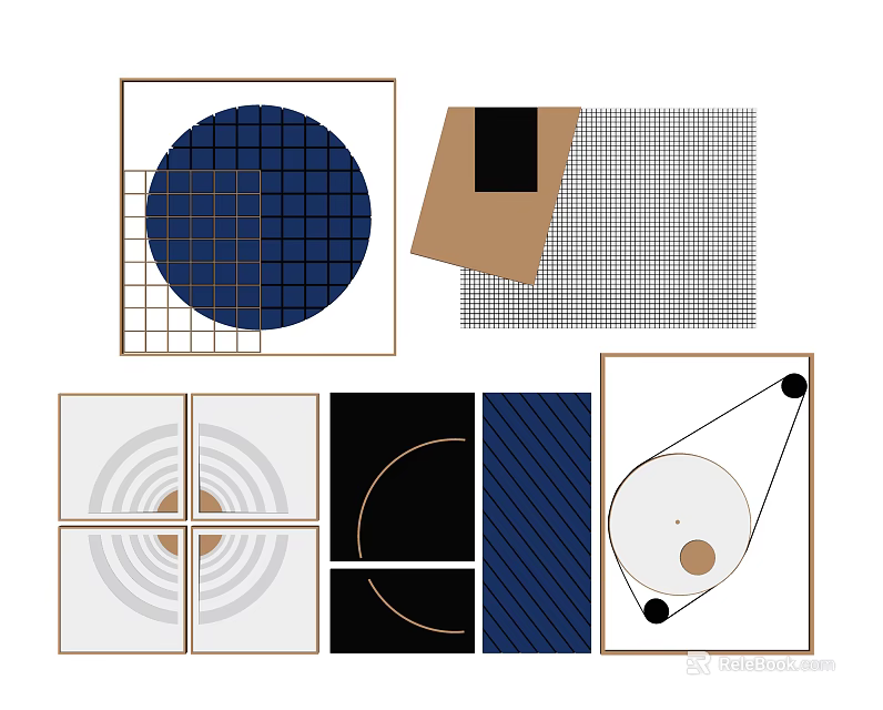 Modern Abstract Geometric Wall Art Featuring Blue Brown Black White Patterns 3d model