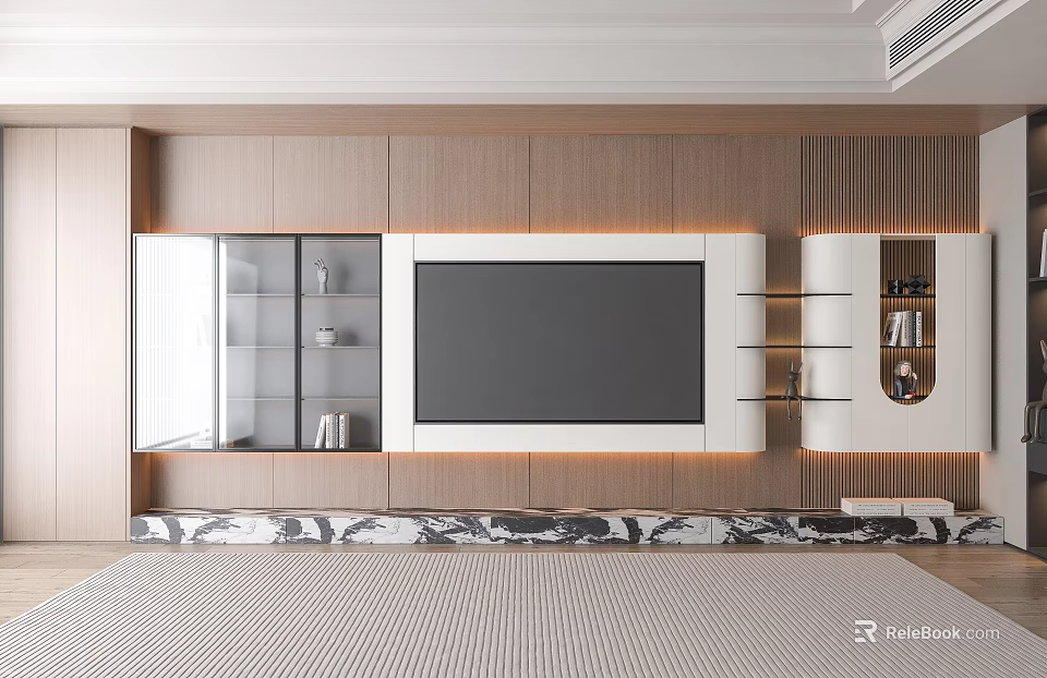Modern TV Background Wall Design with Wooden Panels Glass Cabinets and Marble Platform 3d model 