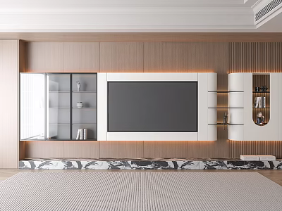 Modern TV Background Wall Design with Wooden Panels Glass Cabinets and Marble Platform 3d model