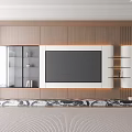 Modern TV Background Wall Design with Wooden Panels Glass Cabinets and Marble Platform