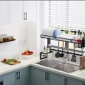 Modern Kitchen With Marble Countertop Gas Stove White Cabinets Over Sink Rack And Kitchen Utensils
