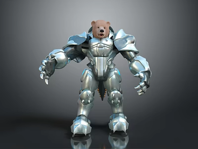Muscular Bear Character In Shiny Silver Armor As Fantasy Warrior With Metallic Build 3d model