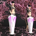 Two Female Figures With Purple V Stands Among Pink Cherry Blossom Trees And Scattered Petals