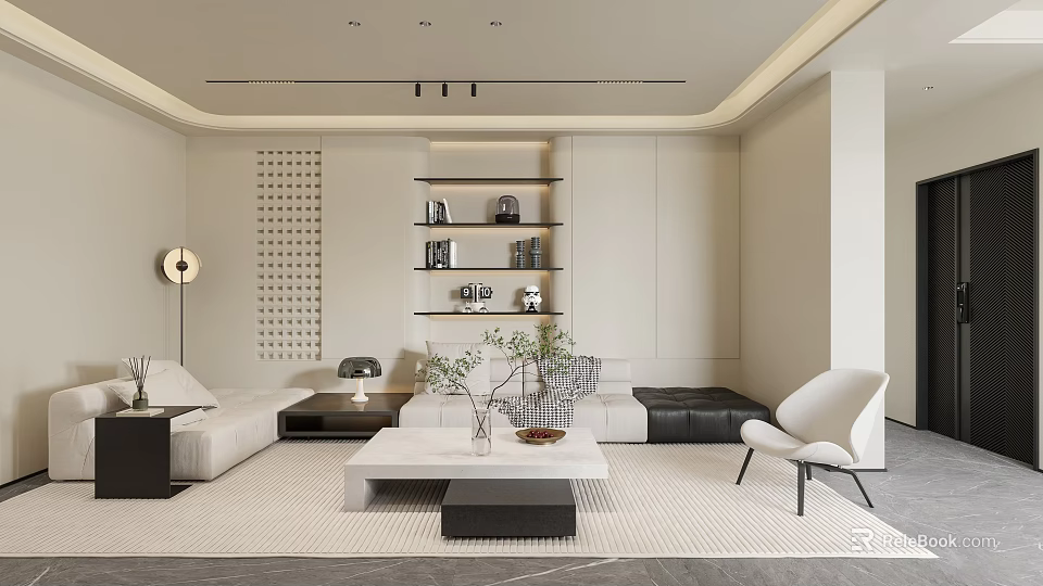 Modern Living Room Interior With Sofa Coffee Table Wall Shelves Floor Lamp And Plants 3d model 