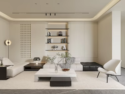 Modern Living Room Interior With Sofa Coffee Table Wall Shelves Floor Lamp And Plants 3d model
