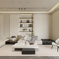 Modern Living Room Interior With Sofa Coffee Table Wall Shelves Floor Lamp And Plants