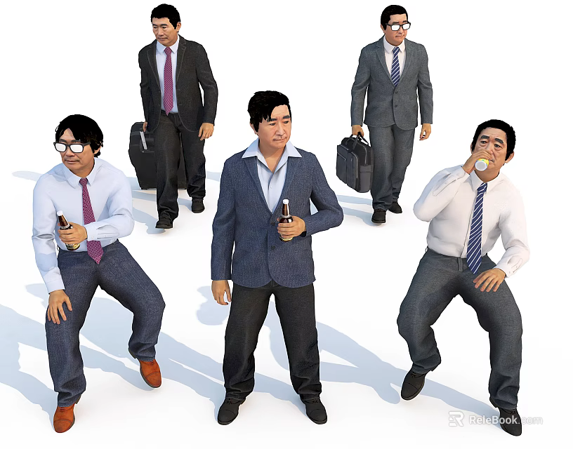 Group of Business Men in Suits With Briefcases And Various Poses 3d model 