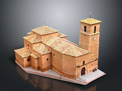 Brick Red Church Building With Multiple Tile Roofs And Tall Tower Featuring Cross And Clock 3d model