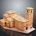 Brick Red Church Building With Multiple Tile Roofs And Tall Tower Featuring Cross And Clock