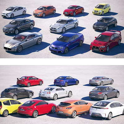 Various Colored Cars Displayed In Open Parking Lot With Different Models 3d model