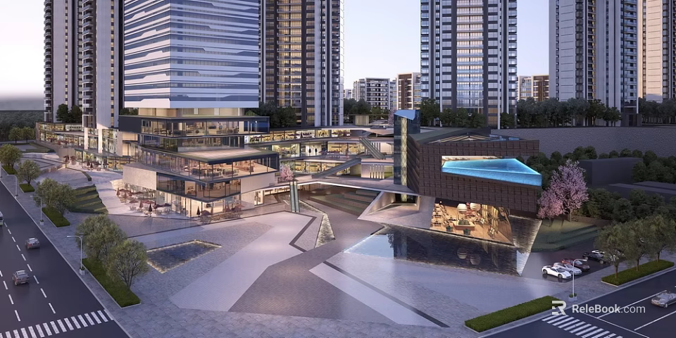 Tall Modern Buildings Surrounding Commercial Street With Plaza Water Pool And Outdoor Seating Greenery 3d model 