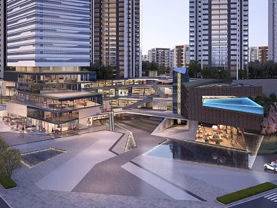 Tall Modern Buildings Surrounding Commercial Street With Plaza Water Pool And Outdoor Seating Greenery 3d model