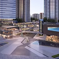 Tall Modern Buildings Surrounding Commercial Street With Plaza Water Pool And Outdoor Seating Greenery