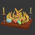 Yellow Food Shaped Dessert With Candles Small Cups And Pink White Container On Red Base