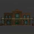 Cartoon Western Wooden House with Balcony Green Railings White Roof Porch Bench and Barrel