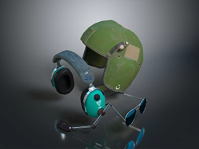 Tactical Weapon Equipment Featuring Green Helmet Blue Earmuff Headphones And Sunglasses 3d model