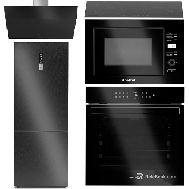 Modern Sleek Black Kitchen Appliances Featuring Refrigerator Microwave And Oven 3d model 
